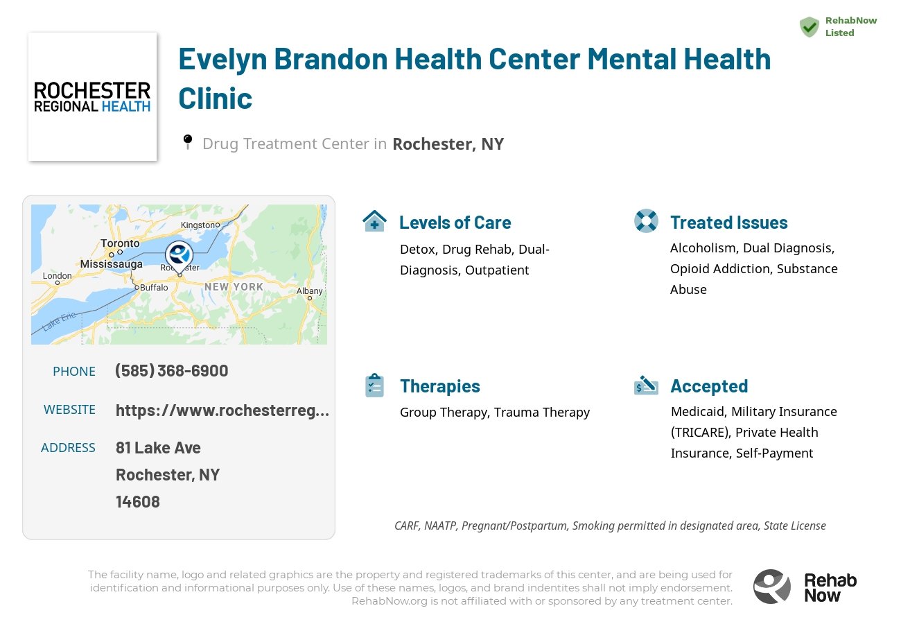 Helpful reference information for Evelyn Brandon Health Center Mental Health Clinic, a drug treatment center in New York located at: 81 Lake Ave, Rochester, NY 14608, including phone numbers, official website, and more. Listed briefly is an overview of Levels of Care, Therapies Offered, Issues Treated, and accepted forms of Payment Methods.