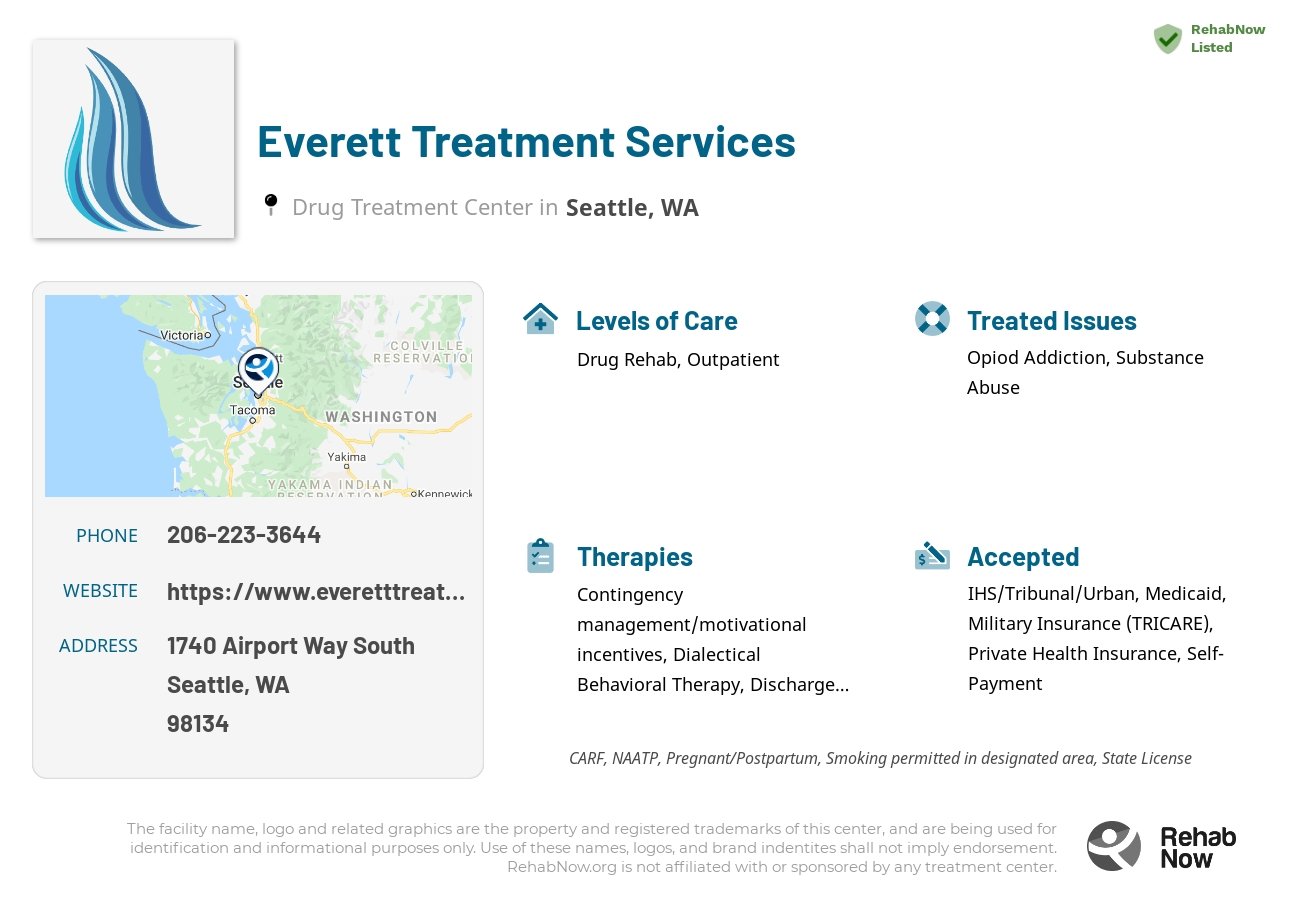 Helpful reference information for Everett Treatment Services, a drug treatment center in Washington located at: 1740 Airport Way South, Seattle, WA 98134, including phone numbers, official website, and more. Listed briefly is an overview of Levels of Care, Therapies Offered, Issues Treated, and accepted forms of Payment Methods.