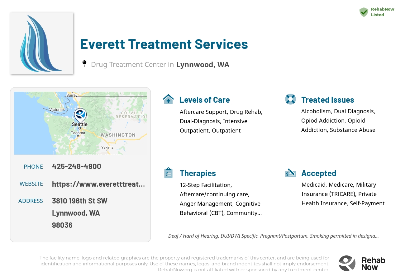 Helpful reference information for Everett Treatment Services, a drug treatment center in Washington located at: 3810 196th St SW, Lynnwood, WA 98036, including phone numbers, official website, and more. Listed briefly is an overview of Levels of Care, Therapies Offered, Issues Treated, and accepted forms of Payment Methods.