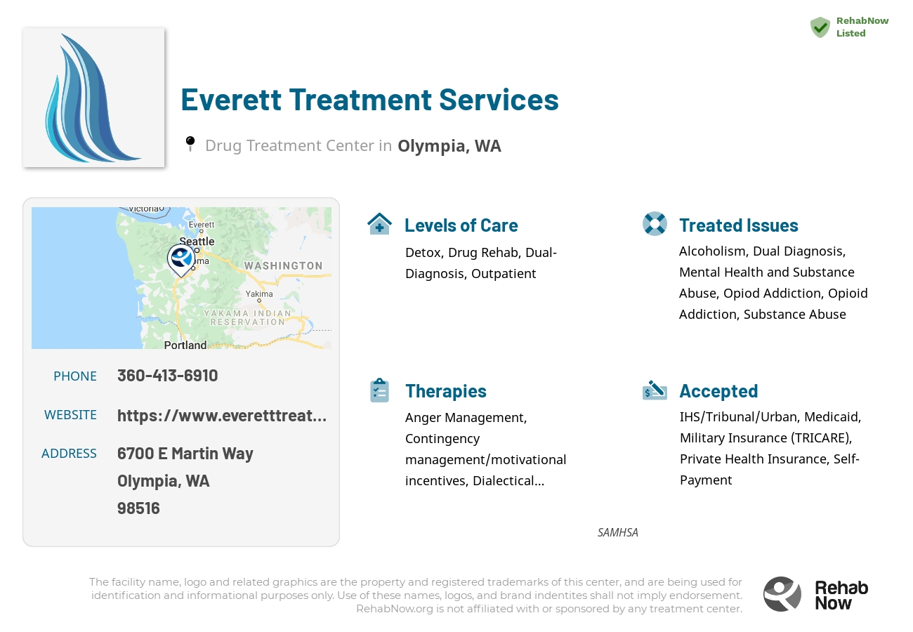 Helpful reference information for Everett Treatment Services, a drug treatment center in Washington located at: 6700 E Martin Way, Olympia, WA 98516, including phone numbers, official website, and more. Listed briefly is an overview of Levels of Care, Therapies Offered, Issues Treated, and accepted forms of Payment Methods.