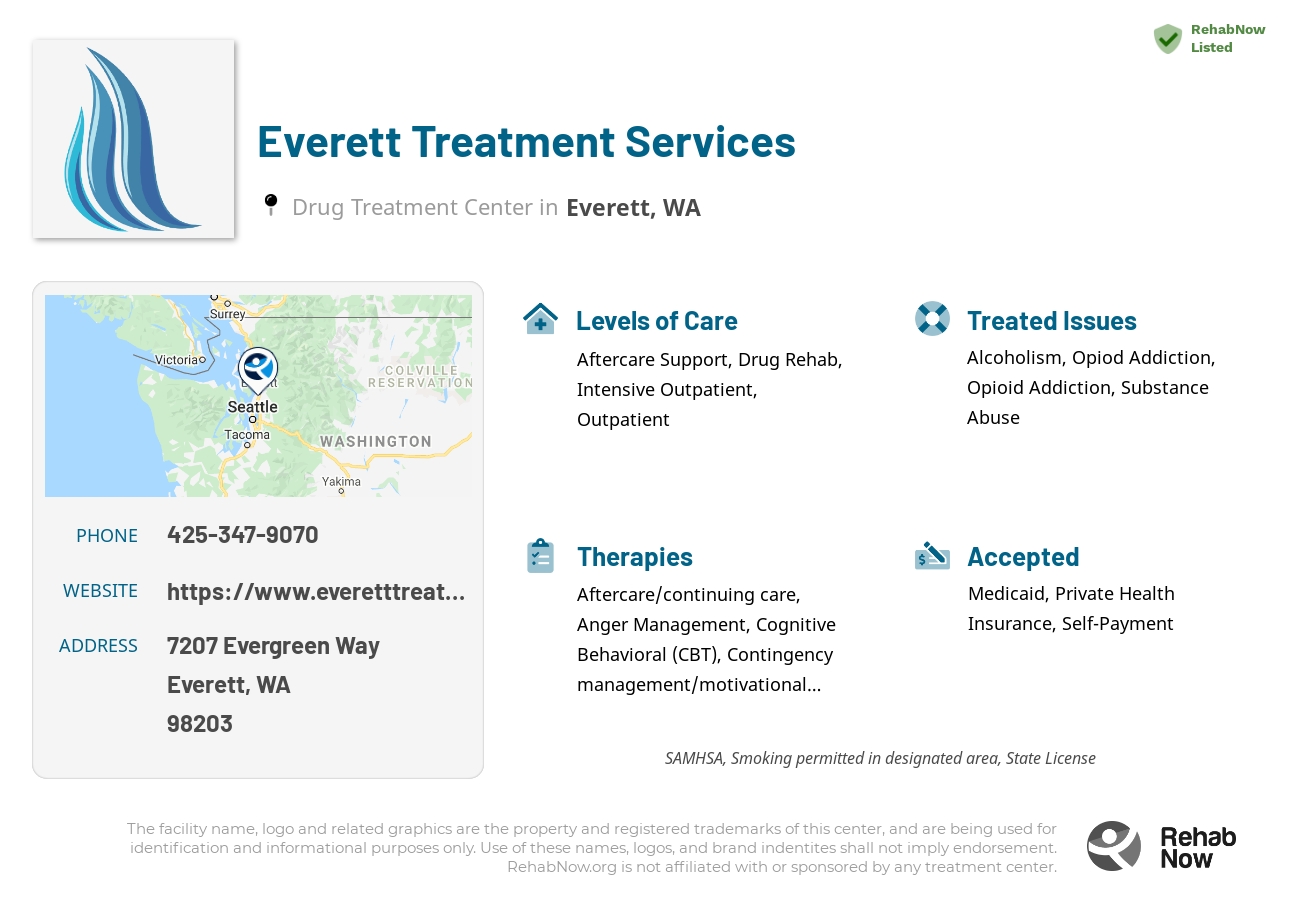 Helpful reference information for Everett Treatment Services, a drug treatment center in Washington located at: 7207 Evergreen Way, Everett, WA 98203, including phone numbers, official website, and more. Listed briefly is an overview of Levels of Care, Therapies Offered, Issues Treated, and accepted forms of Payment Methods.