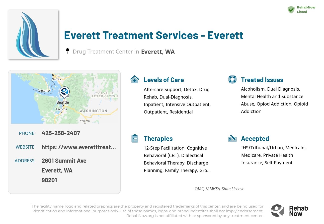Helpful reference information for Everett Treatment Services - Everett, a drug treatment center in Washington located at: 2601 Summit Ave, Everett, WA 98201, including phone numbers, official website, and more. Listed briefly is an overview of Levels of Care, Therapies Offered, Issues Treated, and accepted forms of Payment Methods.