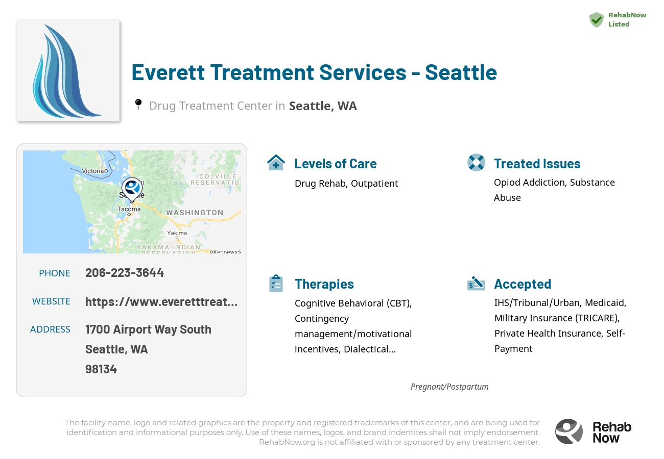 Helpful reference information for Everett Treatment Services - Seattle, a drug treatment center in Washington located at: 1700 Airport Way South, Seattle, WA 98134, including phone numbers, official website, and more. Listed briefly is an overview of Levels of Care, Therapies Offered, Issues Treated, and accepted forms of Payment Methods.