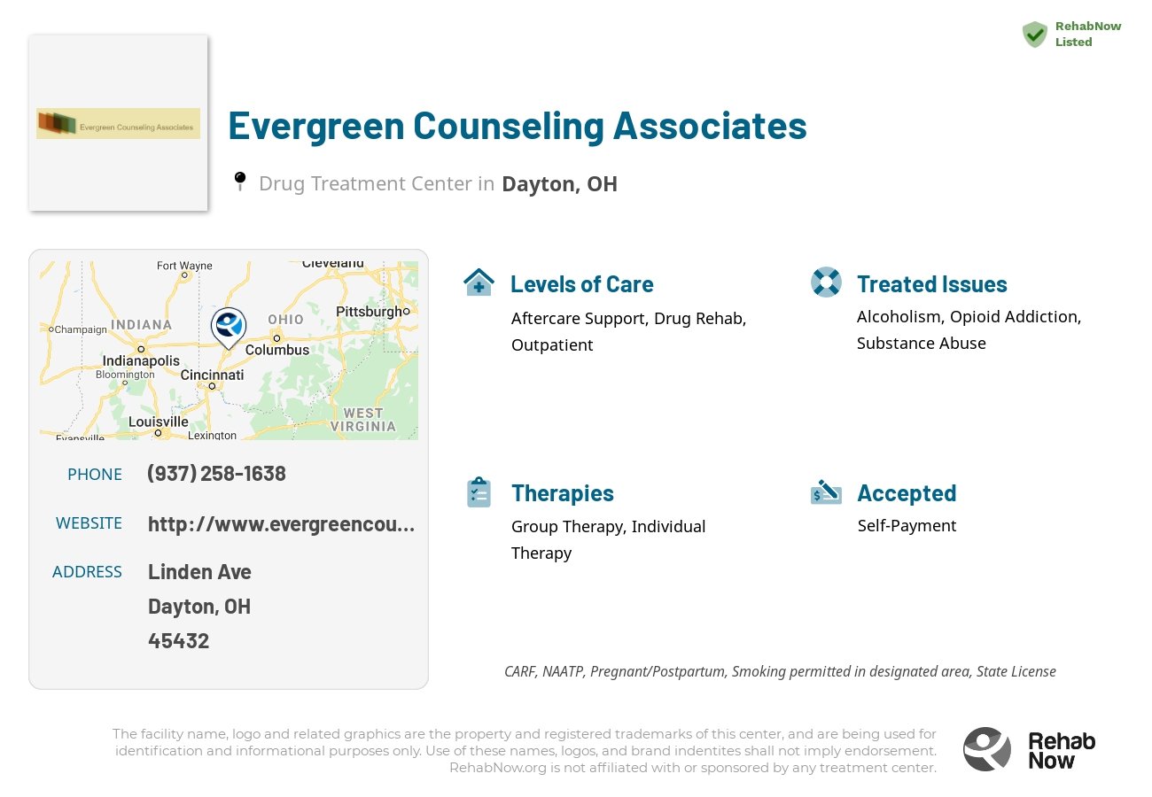 Helpful reference information for Evergreen Counseling Associates, a drug treatment center in Ohio located at: Linden Ave, Dayton, OH 45432, including phone numbers, official website, and more. Listed briefly is an overview of Levels of Care, Therapies Offered, Issues Treated, and accepted forms of Payment Methods.