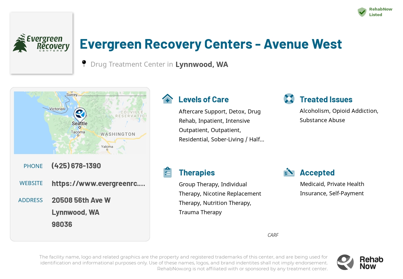 Helpful reference information for Evergreen Recovery Centers - Avenue West, a drug treatment center in Washington located at: 20508 56th Ave W, Lynnwood, WA 98036, including phone numbers, official website, and more. Listed briefly is an overview of Levels of Care, Therapies Offered, Issues Treated, and accepted forms of Payment Methods.