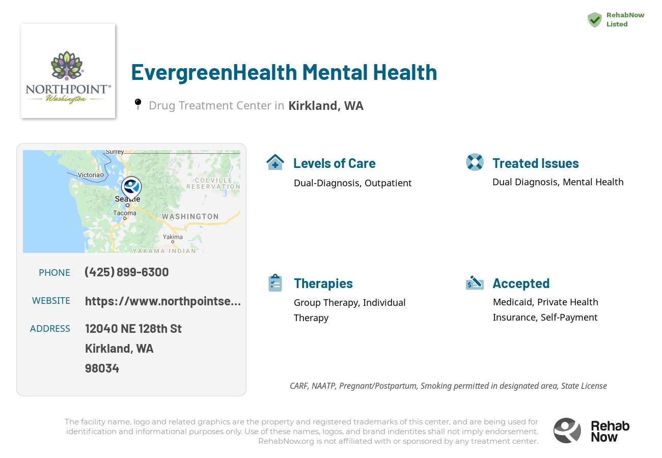Helpful reference information for EvergreenHealth Mental Health, a drug treatment center in Washington located at: 12040 NE 128th St, Kirkland, WA 98034, including phone numbers, official website, and more. Listed briefly is an overview of Levels of Care, Therapies Offered, Issues Treated, and accepted forms of Payment Methods.