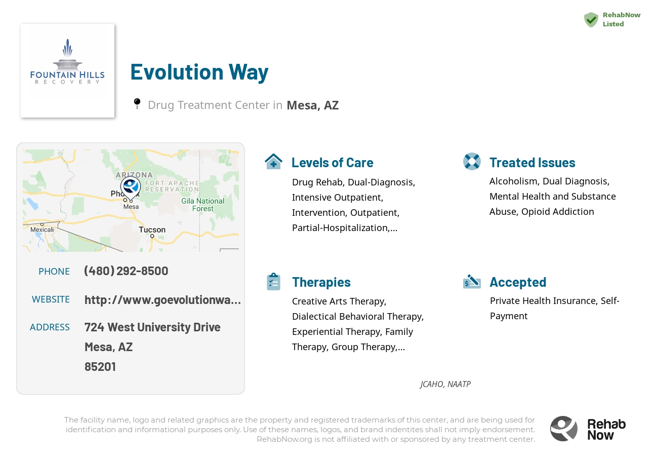 Helpful reference information for Evolution Way, a drug treatment center in Arizona located at: 724 West University Drive, Mesa, AZ, 85201, including phone numbers, official website, and more. Listed briefly is an overview of Levels of Care, Therapies Offered, Issues Treated, and accepted forms of Payment Methods.