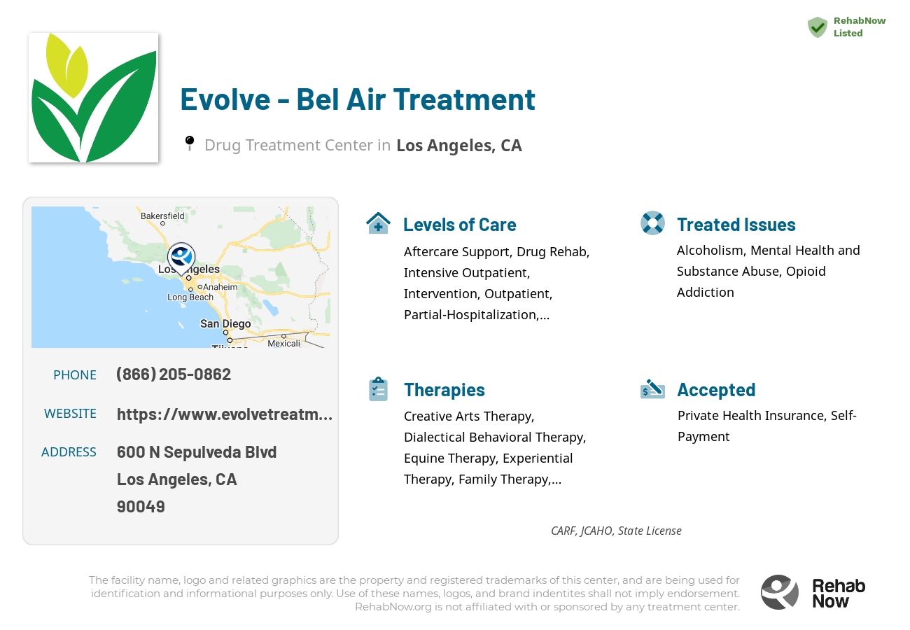 Helpful reference information for Evolve - Bel Air Treatment, a drug treatment center in California located at: 600 N Sepulveda Blvd, Los Angeles, CA 90049, including phone numbers, official website, and more. Listed briefly is an overview of Levels of Care, Therapies Offered, Issues Treated, and accepted forms of Payment Methods.