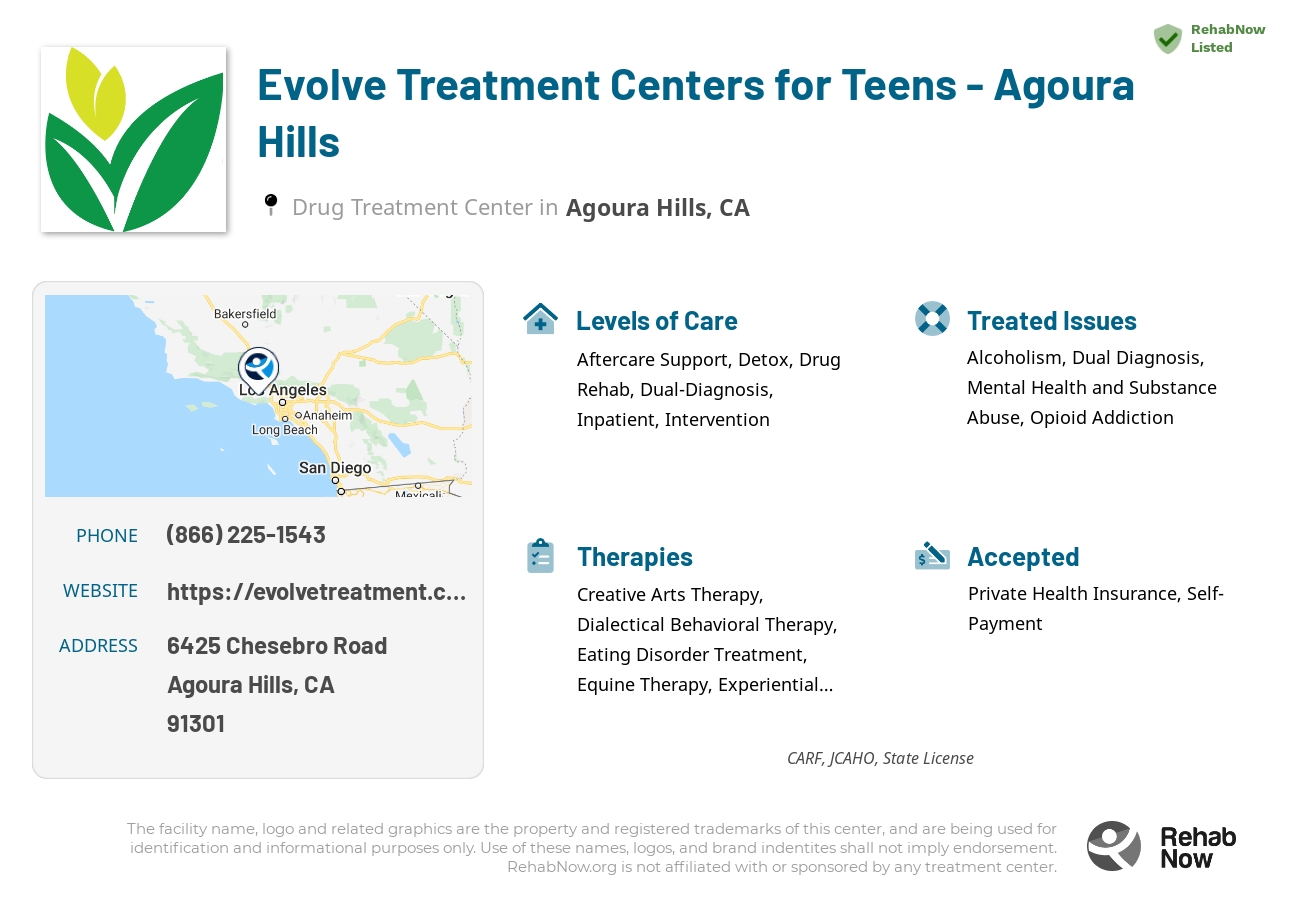 Helpful reference information for Evolve Treatment Centers for Teens - Agoura Hills, a drug treatment center in California located at: 6425 Chesebro Road, Agoura Hills, CA, 91301, including phone numbers, official website, and more. Listed briefly is an overview of Levels of Care, Therapies Offered, Issues Treated, and accepted forms of Payment Methods.