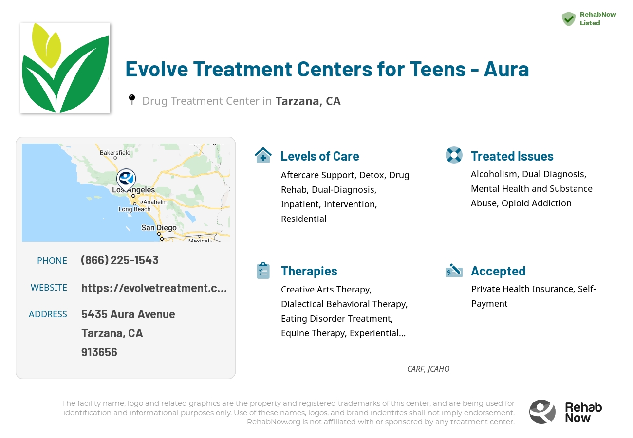 Helpful reference information for Evolve Treatment Centers for Teens - Aura, a drug treatment center in California located at: 5435 Aura Avenue, Tarzana, CA, 913656, including phone numbers, official website, and more. Listed briefly is an overview of Levels of Care, Therapies Offered, Issues Treated, and accepted forms of Payment Methods.