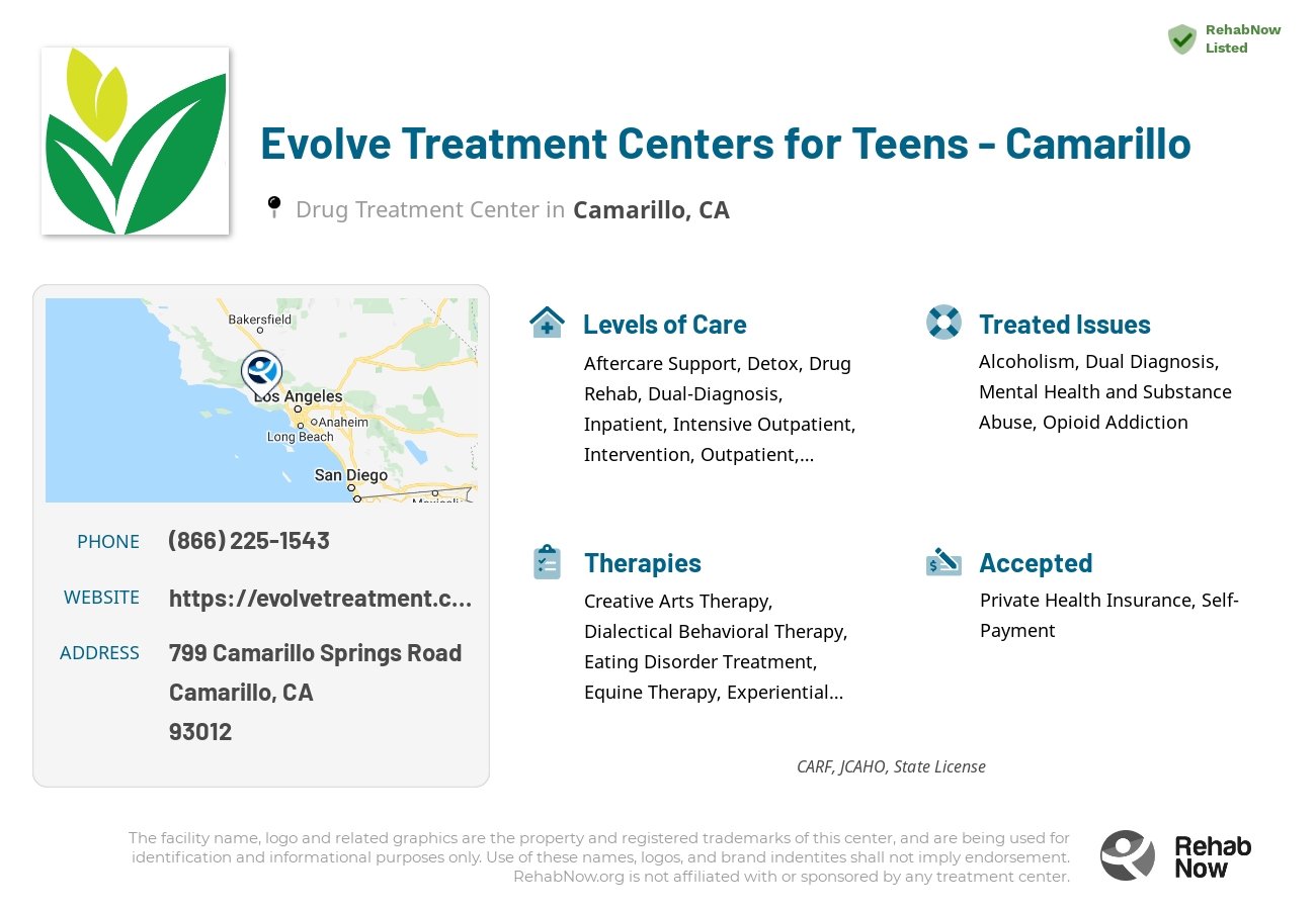 Helpful reference information for Evolve Treatment Centers for Teens - Camarillo, a drug treatment center in California located at: 799 Camarillo Springs Road, Camarillo, CA, 93012, including phone numbers, official website, and more. Listed briefly is an overview of Levels of Care, Therapies Offered, Issues Treated, and accepted forms of Payment Methods.