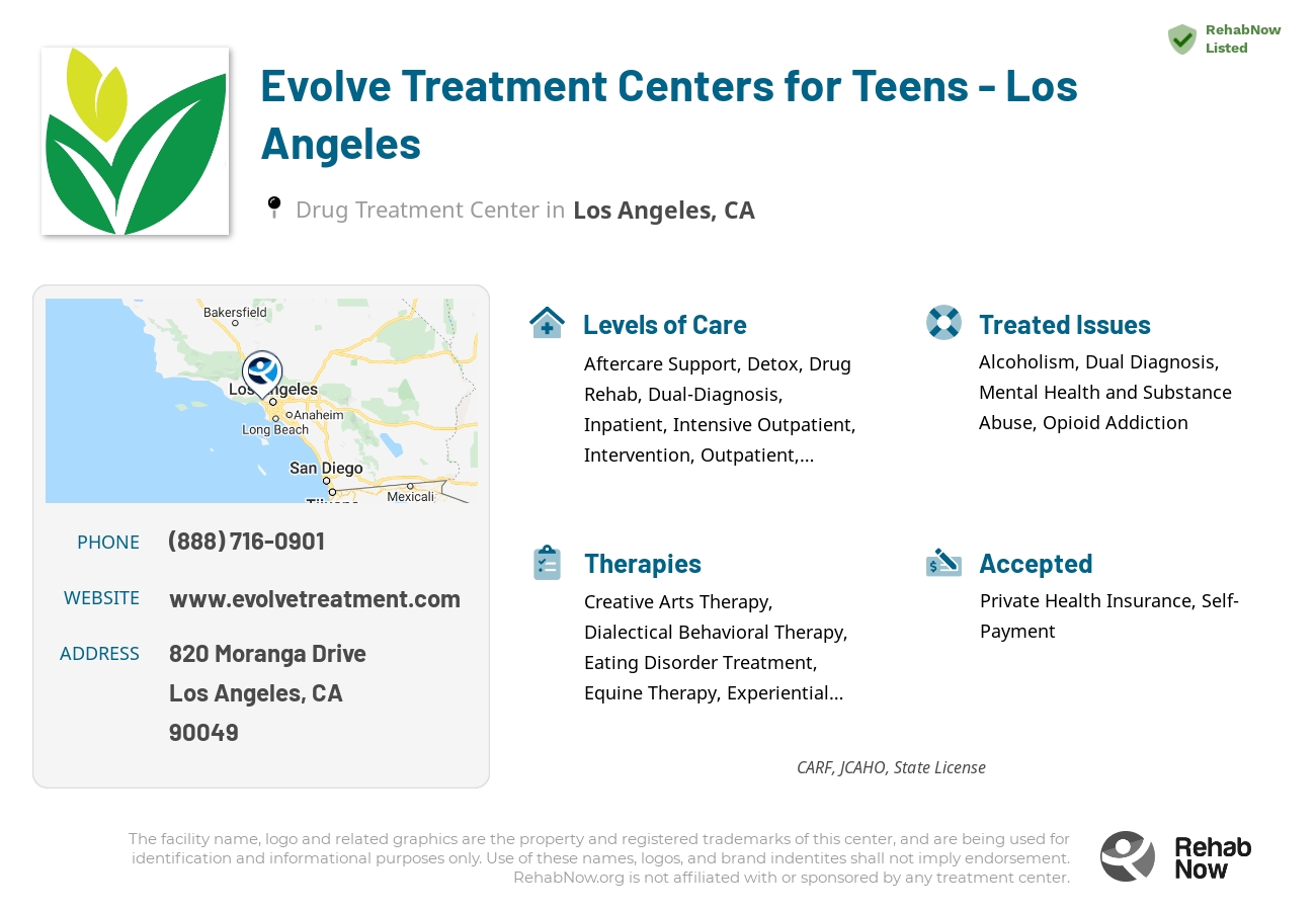 Helpful reference information for Evolve Treatment Centers for Teens - Los Angeles, a drug treatment center in California located at: 820 Moranga Drive, Los Angeles, CA, 90049, including phone numbers, official website, and more. Listed briefly is an overview of Levels of Care, Therapies Offered, Issues Treated, and accepted forms of Payment Methods.