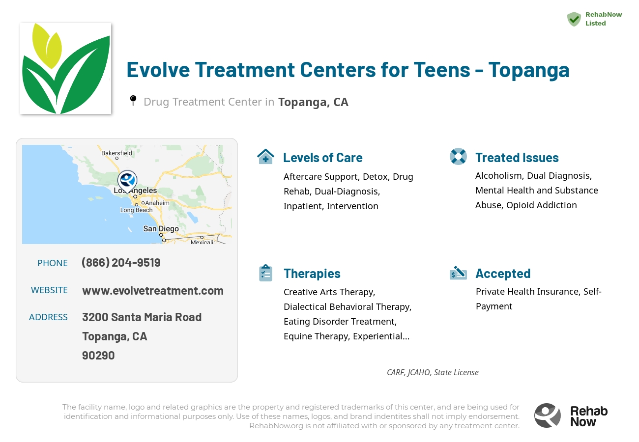 Helpful reference information for Evolve Treatment Centers for Teens - Topanga, a drug treatment center in California located at: 3200 Santa Maria Road, Topanga, CA, 90290, including phone numbers, official website, and more. Listed briefly is an overview of Levels of Care, Therapies Offered, Issues Treated, and accepted forms of Payment Methods.