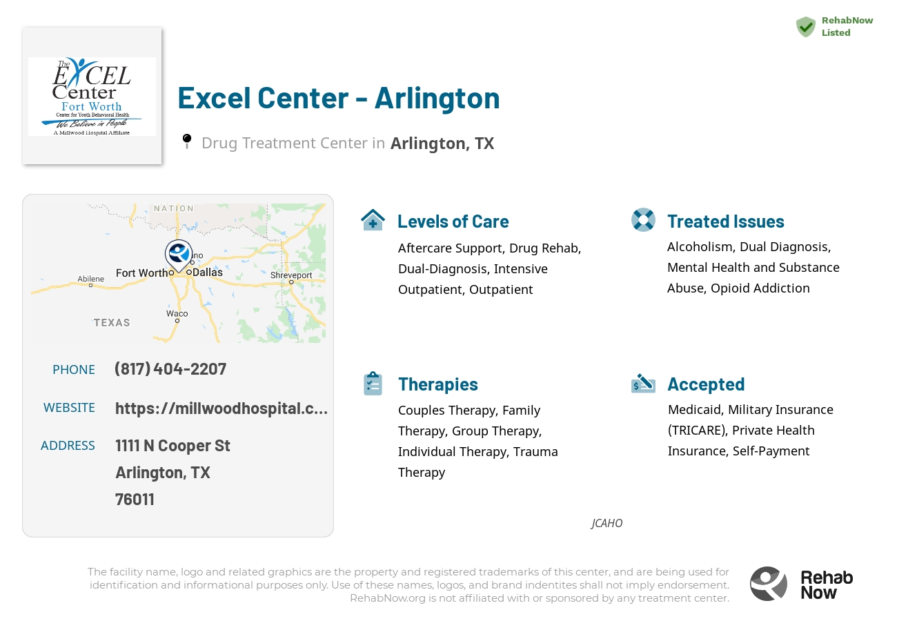 Helpful reference information for Excel Center - Arlington, a drug treatment center in Texas located at: 1111 N Cooper St, Arlington, TX 76011, including phone numbers, official website, and more. Listed briefly is an overview of Levels of Care, Therapies Offered, Issues Treated, and accepted forms of Payment Methods.