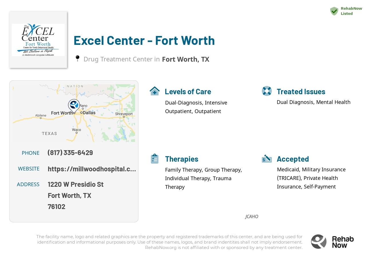Helpful reference information for Excel Center - Fort Worth, a drug treatment center in Texas located at: 1220 W Presidio St, Fort Worth, TX 76102, including phone numbers, official website, and more. Listed briefly is an overview of Levels of Care, Therapies Offered, Issues Treated, and accepted forms of Payment Methods.