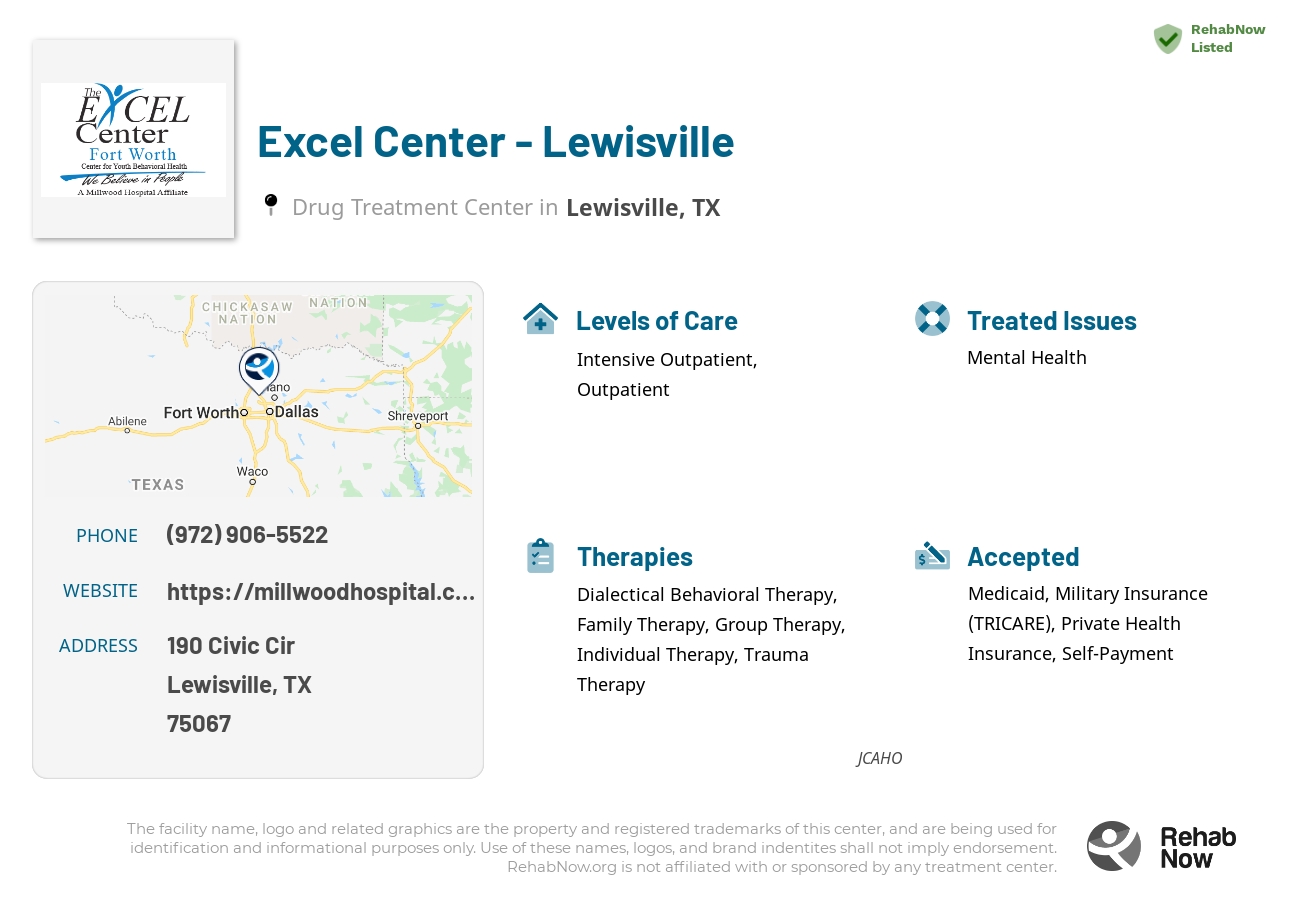 Helpful reference information for Excel Center - Lewisville, a drug treatment center in Texas located at: 190 Civic Cir, Lewisville, TX 75067, including phone numbers, official website, and more. Listed briefly is an overview of Levels of Care, Therapies Offered, Issues Treated, and accepted forms of Payment Methods.