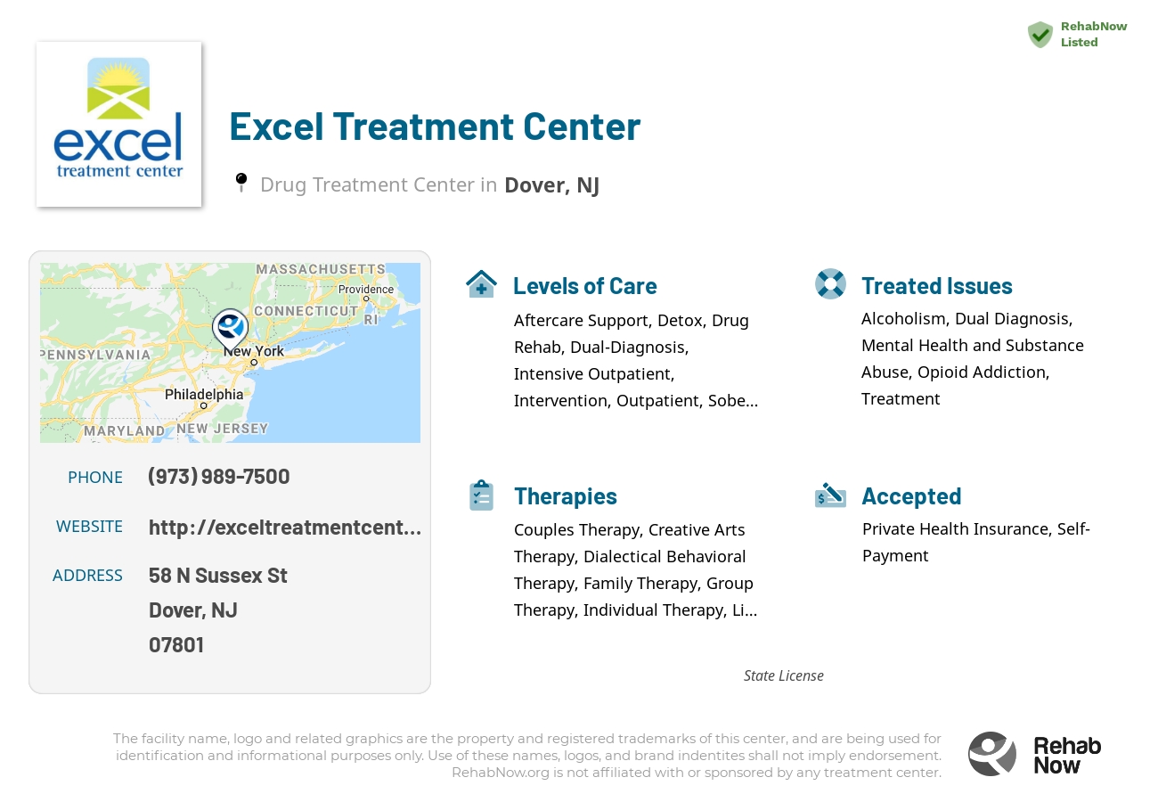 Helpful reference information for Excel Treatment Center, a drug treatment center in New Jersey located at: 58 N Sussex St, Dover, NJ 07801, including phone numbers, official website, and more. Listed briefly is an overview of Levels of Care, Therapies Offered, Issues Treated, and accepted forms of Payment Methods.