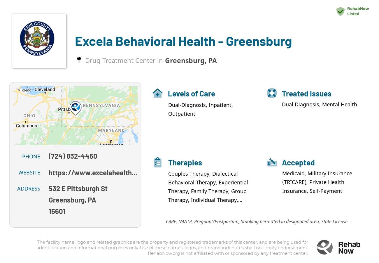 Helpful reference information for Excela Behavioral Health - Greensburg, a drug treatment center in Pennsylvania located at: 532 E Pittsburgh St, Greensburg, PA 15601, including phone numbers, official website, and more. Listed briefly is an overview of Levels of Care, Therapies Offered, Issues Treated, and accepted forms of Payment Methods.