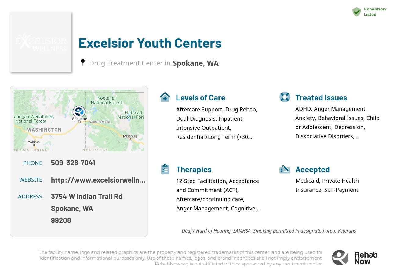 Helpful reference information for Excelsior Youth Centers, a drug treatment center in Washington located at: 3754 W Indian Trail Rd, Spokane, WA 99208, including phone numbers, official website, and more. Listed briefly is an overview of Levels of Care, Therapies Offered, Issues Treated, and accepted forms of Payment Methods.