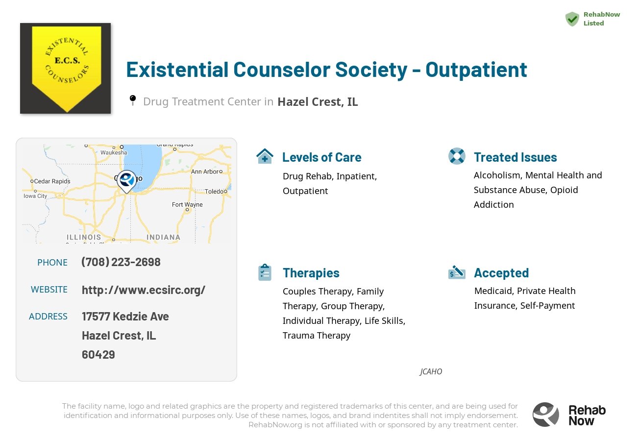 Helpful reference information for Existential Counselor Society - Outpatient, a drug treatment center in Illinois located at: 17577 Kedzie Ave, Hazel Crest, IL 60429, including phone numbers, official website, and more. Listed briefly is an overview of Levels of Care, Therapies Offered, Issues Treated, and accepted forms of Payment Methods.