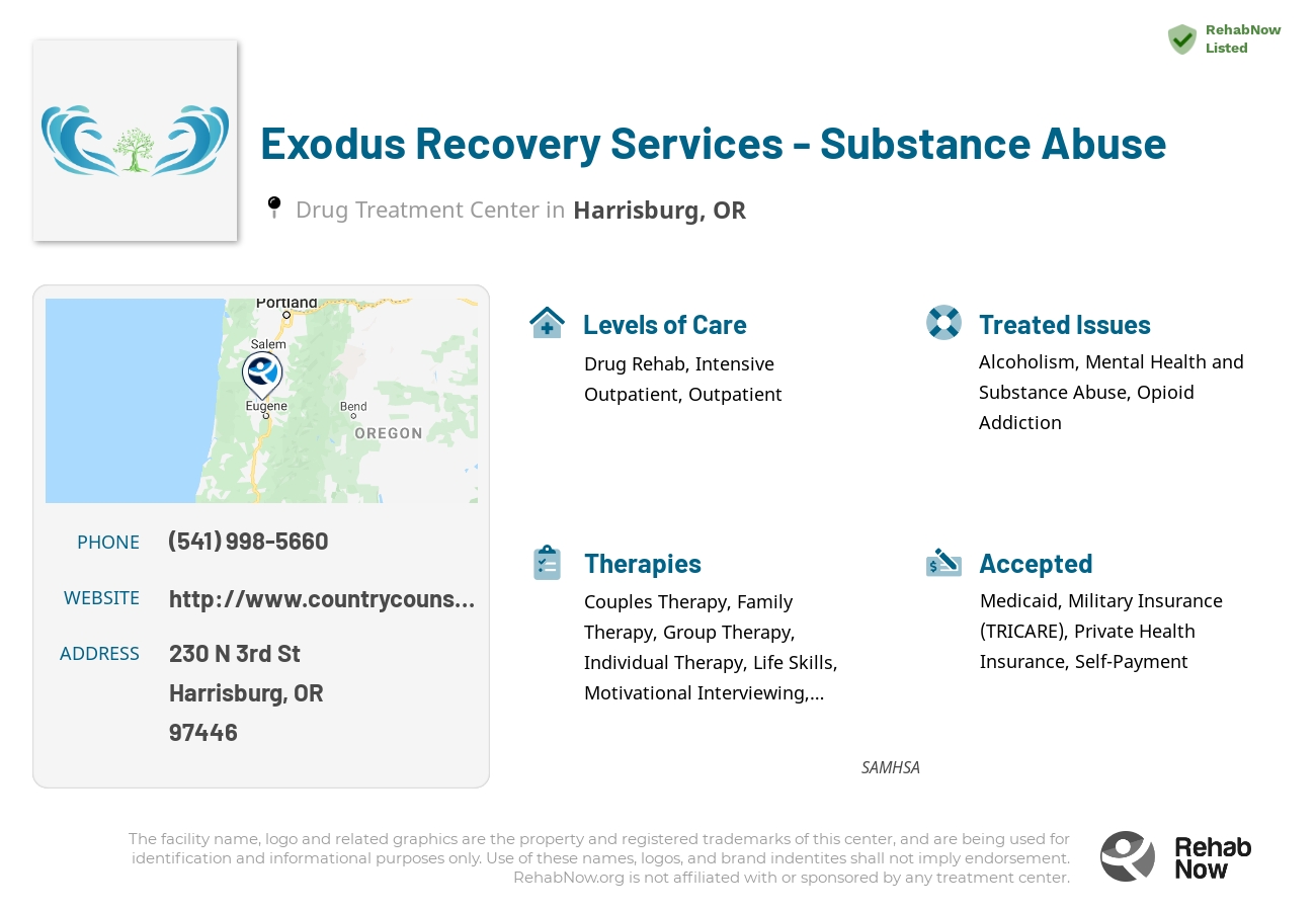 Helpful reference information for Exodus Recovery Services - Substance Abuse, a drug treatment center in Oregon located at: 230 N 3rd St, Harrisburg, OR 97446, including phone numbers, official website, and more. Listed briefly is an overview of Levels of Care, Therapies Offered, Issues Treated, and accepted forms of Payment Methods.