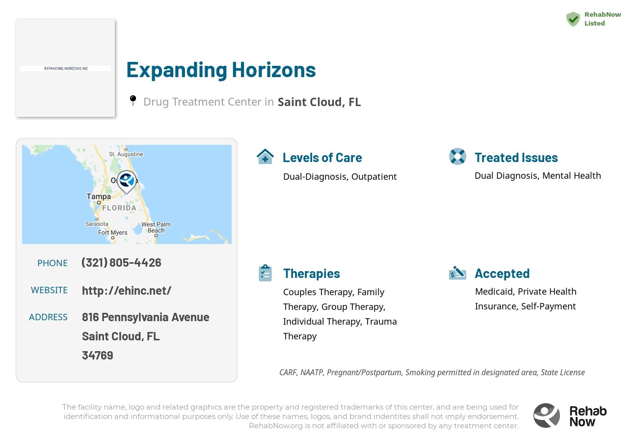 Helpful reference information for Expanding Horizons, a drug treatment center in Florida located at: 816 Pennsylvania Avenue, Saint Cloud, FL, 34769, including phone numbers, official website, and more. Listed briefly is an overview of Levels of Care, Therapies Offered, Issues Treated, and accepted forms of Payment Methods.