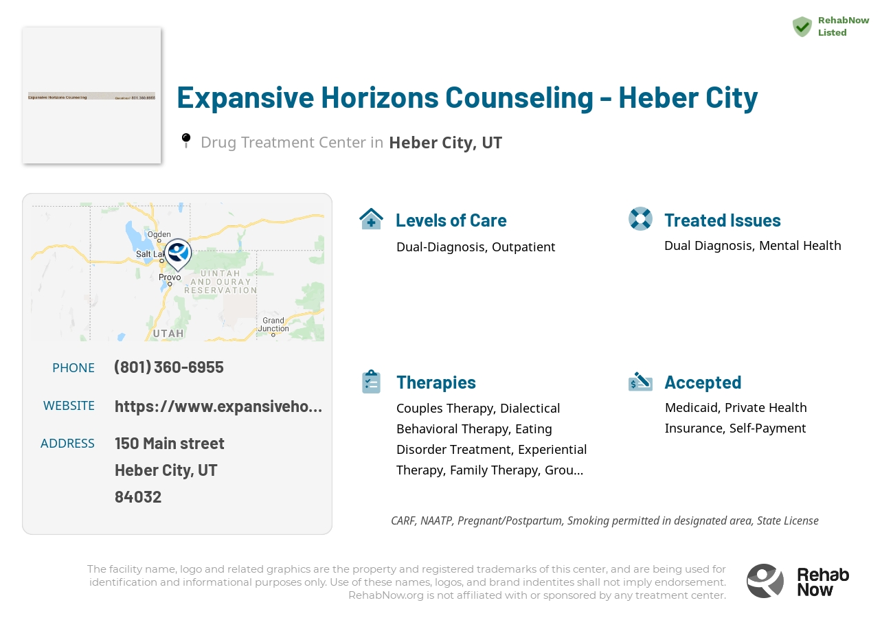 Helpful reference information for Expansive Horizons Counseling - Heber City, a drug treatment center in Utah located at: 150 150 Main street, Heber City, UT 84032, including phone numbers, official website, and more. Listed briefly is an overview of Levels of Care, Therapies Offered, Issues Treated, and accepted forms of Payment Methods.