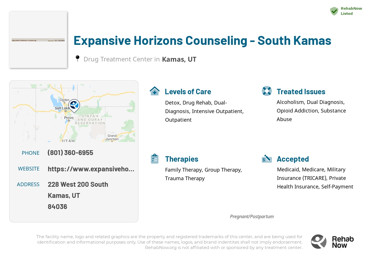 Helpful reference information for Expansive Horizons Counseling - South Kamas, a drug treatment center in Utah located at: 228 228 West 200 South, Kamas, UT 84036, including phone numbers, official website, and more. Listed briefly is an overview of Levels of Care, Therapies Offered, Issues Treated, and accepted forms of Payment Methods.