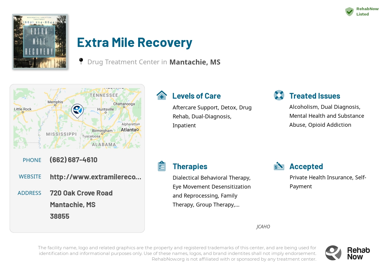 Helpful reference information for Extra Mile Recovery, a drug treatment center in Mississippi located at: 720 Oak Crove Road, Mantachie, MS, 38855, including phone numbers, official website, and more. Listed briefly is an overview of Levels of Care, Therapies Offered, Issues Treated, and accepted forms of Payment Methods.