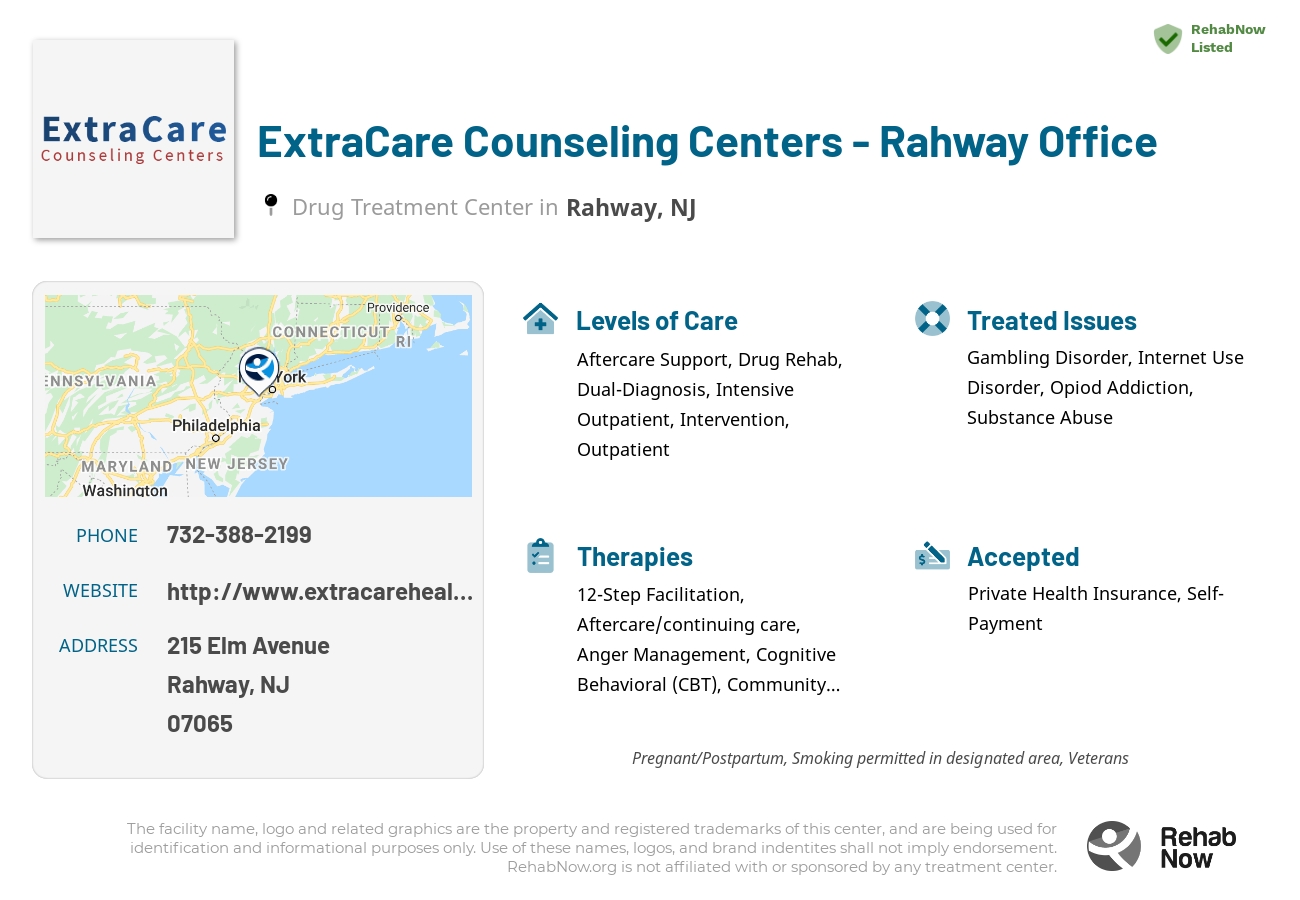Helpful reference information for ExtraCare Counseling Centers - Rahway Office, a drug treatment center in New Jersey located at: 215 Elm Avenue, Rahway, NJ 07065, including phone numbers, official website, and more. Listed briefly is an overview of Levels of Care, Therapies Offered, Issues Treated, and accepted forms of Payment Methods.