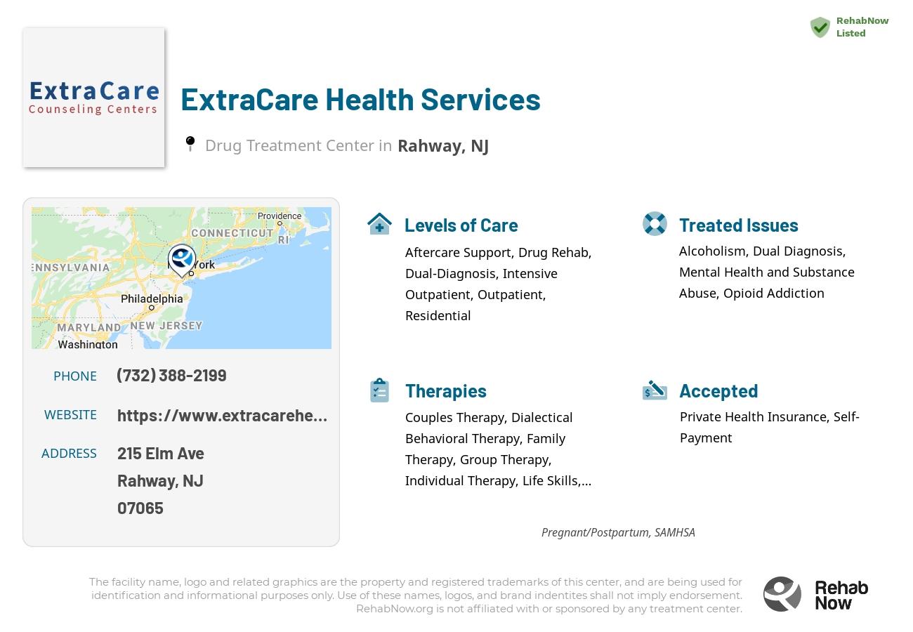 Helpful reference information for ExtraCare Health Services, a drug treatment center in New Jersey located at: 215 Elm Ave, Rahway, NJ 07065, including phone numbers, official website, and more. Listed briefly is an overview of Levels of Care, Therapies Offered, Issues Treated, and accepted forms of Payment Methods.