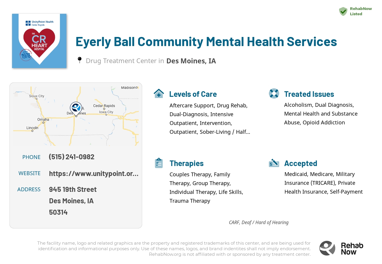 Helpful reference information for Eyerly Ball Community Mental Health Services, a drug treatment center in Iowa located at: 945 19th Street, Des Moines, IA, 50314, including phone numbers, official website, and more. Listed briefly is an overview of Levels of Care, Therapies Offered, Issues Treated, and accepted forms of Payment Methods.