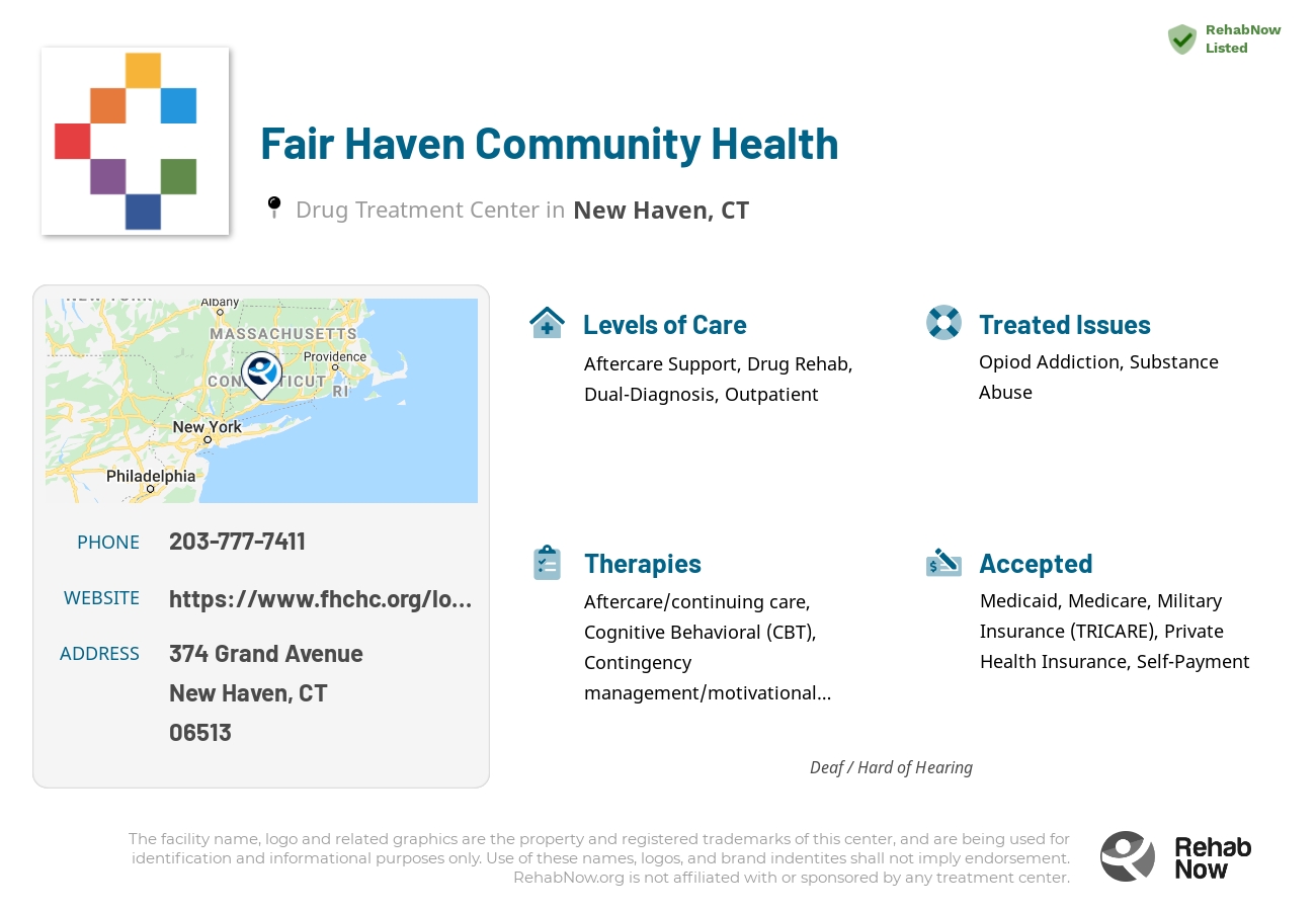Helpful reference information for Fair Haven Community Health, a drug treatment center in Connecticut located at: 374 Grand Avenue, New Haven, CT 06513, including phone numbers, official website, and more. Listed briefly is an overview of Levels of Care, Therapies Offered, Issues Treated, and accepted forms of Payment Methods.