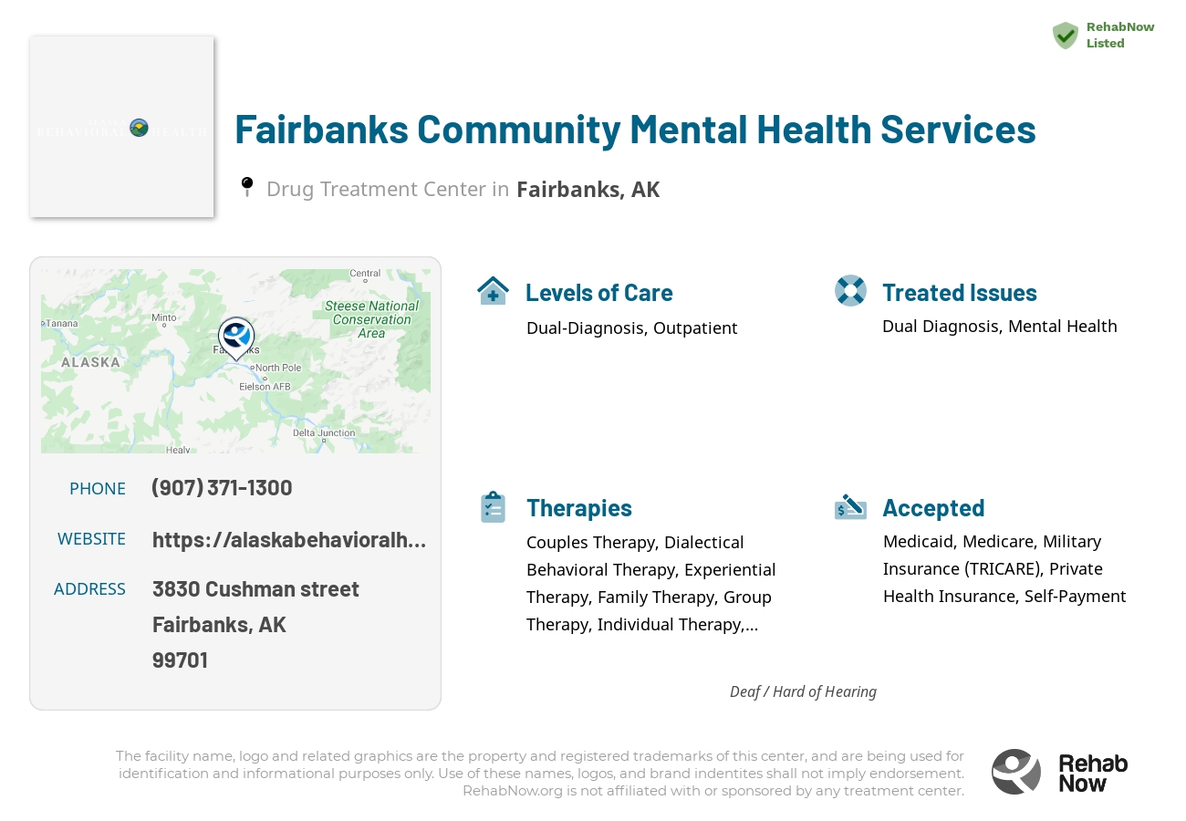 Helpful reference information for Fairbanks Community Mental Health Services, a drug treatment center in Alaska located at: 3830 Cushman street, Fairbanks, AK, 99701, including phone numbers, official website, and more. Listed briefly is an overview of Levels of Care, Therapies Offered, Issues Treated, and accepted forms of Payment Methods.