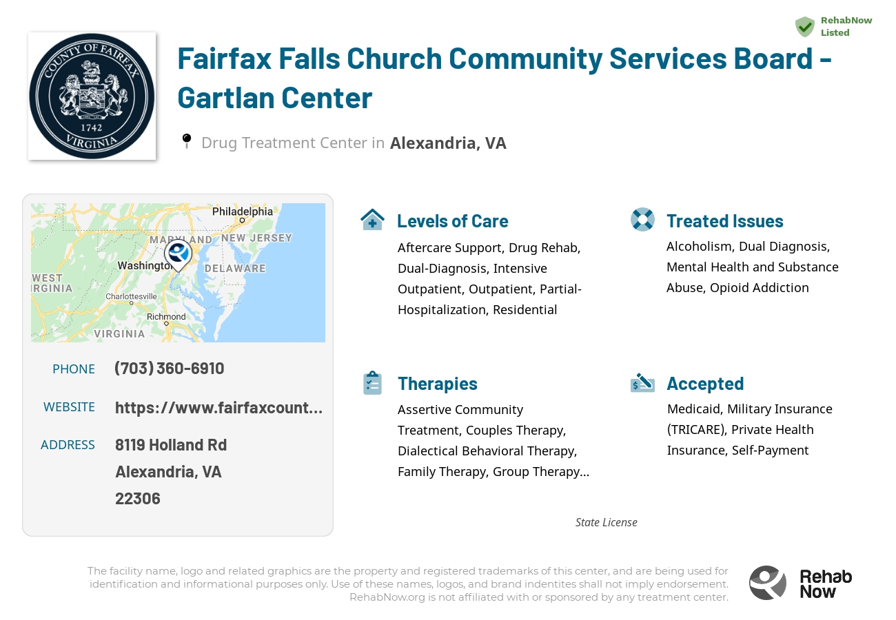 Helpful reference information for Fairfax Falls Church Community Services Board - Gartlan Center, a drug treatment center in Virginia located at: 8119 Holland Rd, Alexandria, VA 22306, including phone numbers, official website, and more. Listed briefly is an overview of Levels of Care, Therapies Offered, Issues Treated, and accepted forms of Payment Methods.