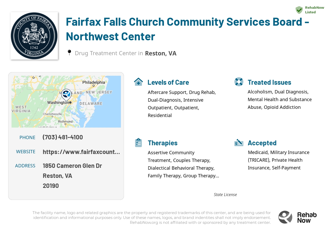 Helpful reference information for Fairfax Falls Church Community Services Board - Northwest Center, a drug treatment center in Virginia located at: 1850 Cameron Glen Dr, Reston, VA 20190, including phone numbers, official website, and more. Listed briefly is an overview of Levels of Care, Therapies Offered, Issues Treated, and accepted forms of Payment Methods.