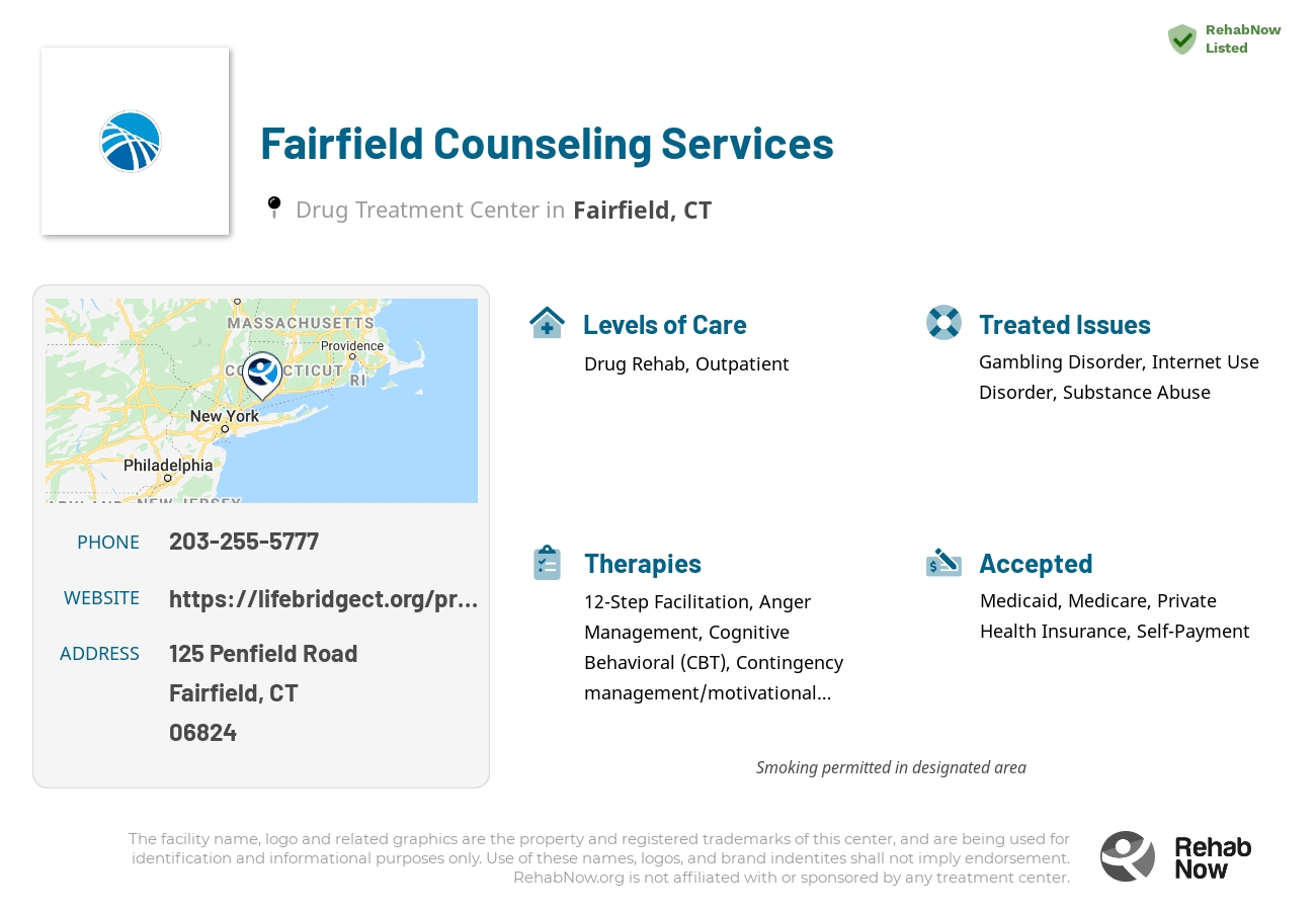 Helpful reference information for Fairfield Counseling Services, a drug treatment center in Connecticut located at: 125 Penfield Road, Fairfield, CT 06824, including phone numbers, official website, and more. Listed briefly is an overview of Levels of Care, Therapies Offered, Issues Treated, and accepted forms of Payment Methods.