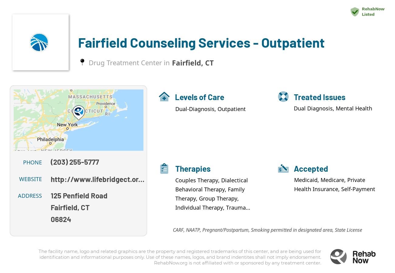 Helpful reference information for Fairfield Counseling Services - Outpatient, a drug treatment center in Connecticut located at: 125 Penfield Road, Fairfield, CT, 06824, including phone numbers, official website, and more. Listed briefly is an overview of Levels of Care, Therapies Offered, Issues Treated, and accepted forms of Payment Methods.