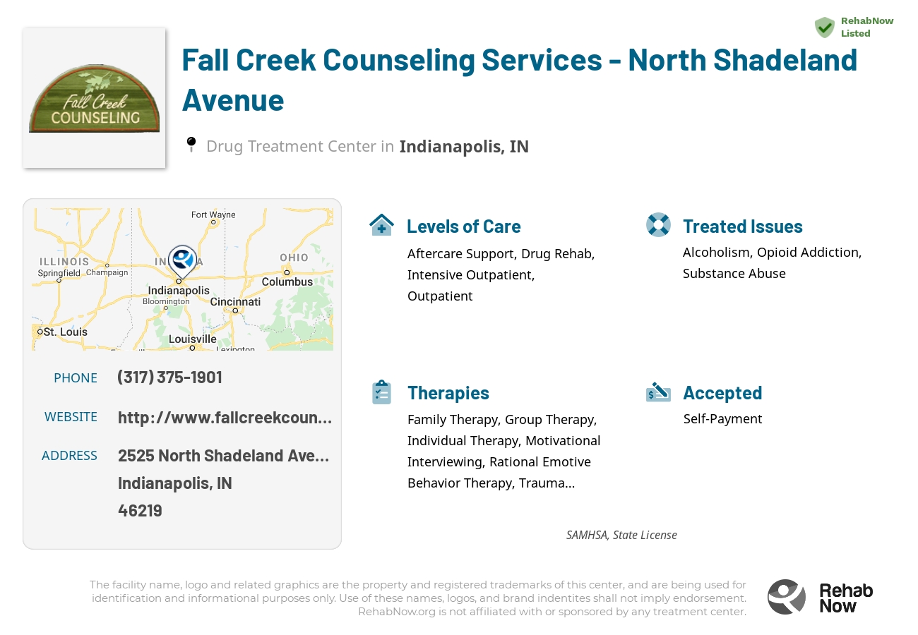 Helpful reference information for Fall Creek Counseling Services - North Shadeland Avenue, a drug treatment center in Indiana located at: 2525 North Shadeland Avenue, Indianapolis, IN, 46219, including phone numbers, official website, and more. Listed briefly is an overview of Levels of Care, Therapies Offered, Issues Treated, and accepted forms of Payment Methods.