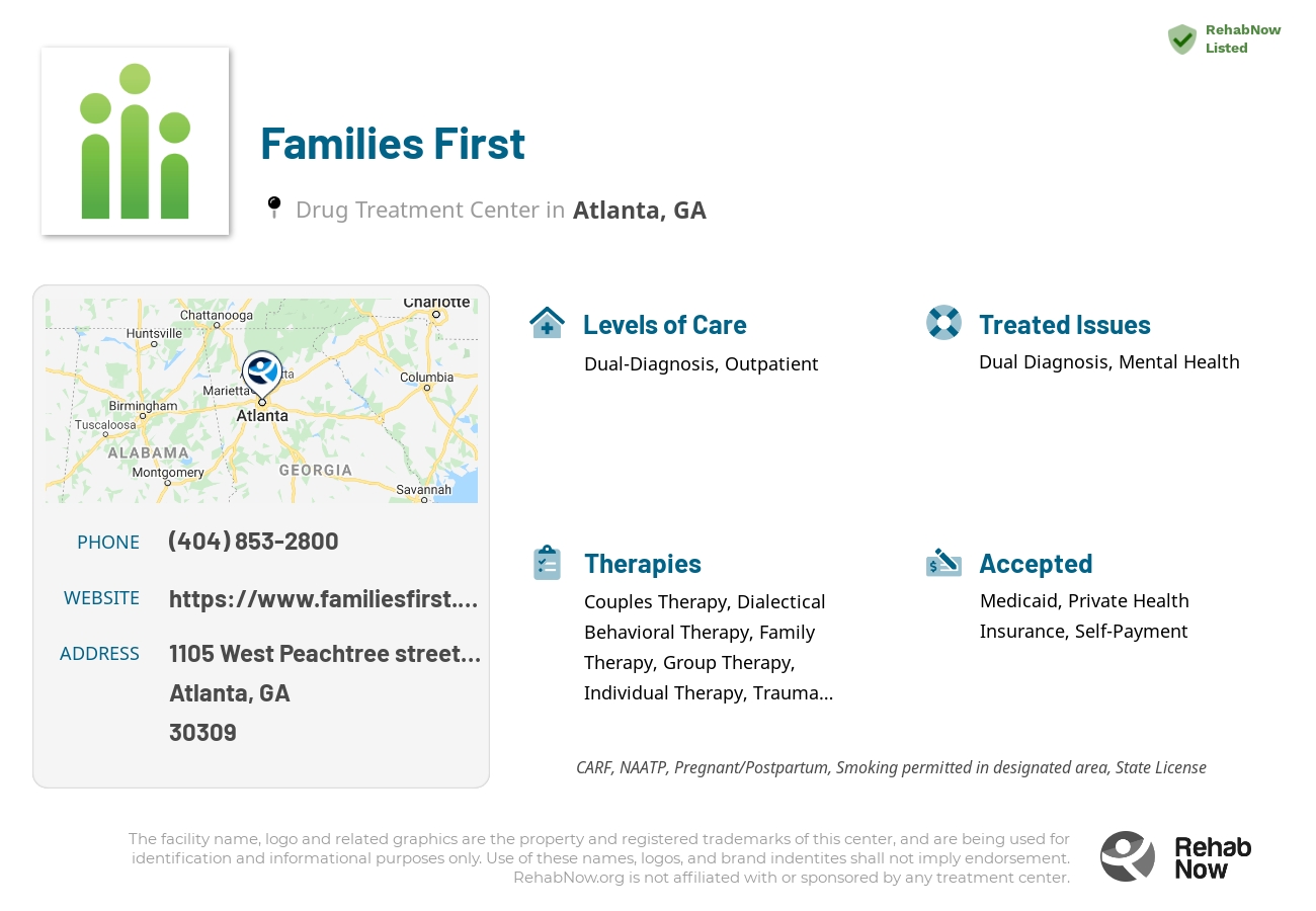Helpful reference information for Families First, a drug treatment center in Georgia located at: 1105 1105 West Peachtree street Ne, Atlanta, GA 30309, including phone numbers, official website, and more. Listed briefly is an overview of Levels of Care, Therapies Offered, Issues Treated, and accepted forms of Payment Methods.