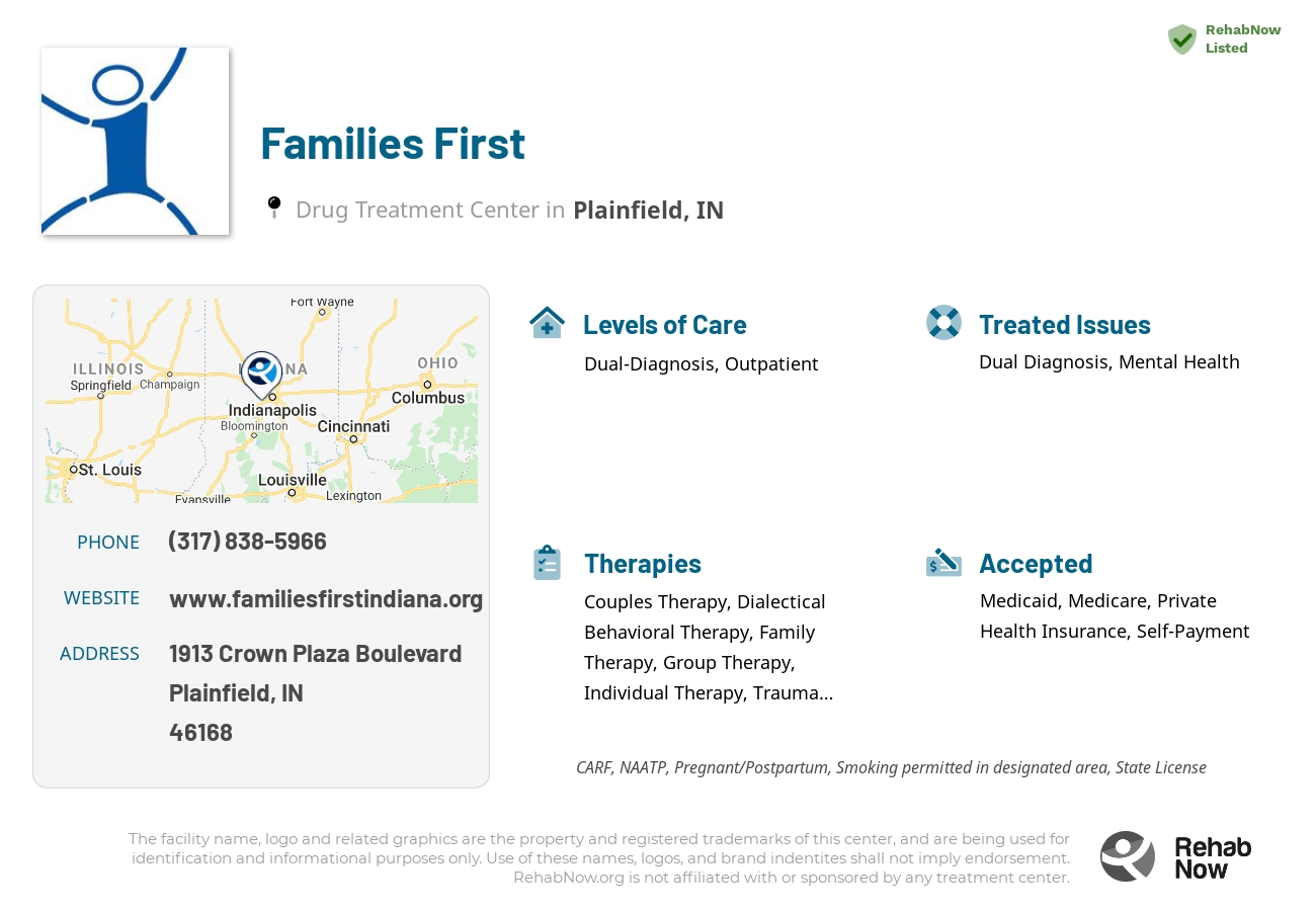 Helpful reference information for Families First, a drug treatment center in Indiana located at: 1913 1913 Crown Plaza Boulevard, Plainfield, IN 46168, including phone numbers, official website, and more. Listed briefly is an overview of Levels of Care, Therapies Offered, Issues Treated, and accepted forms of Payment Methods.