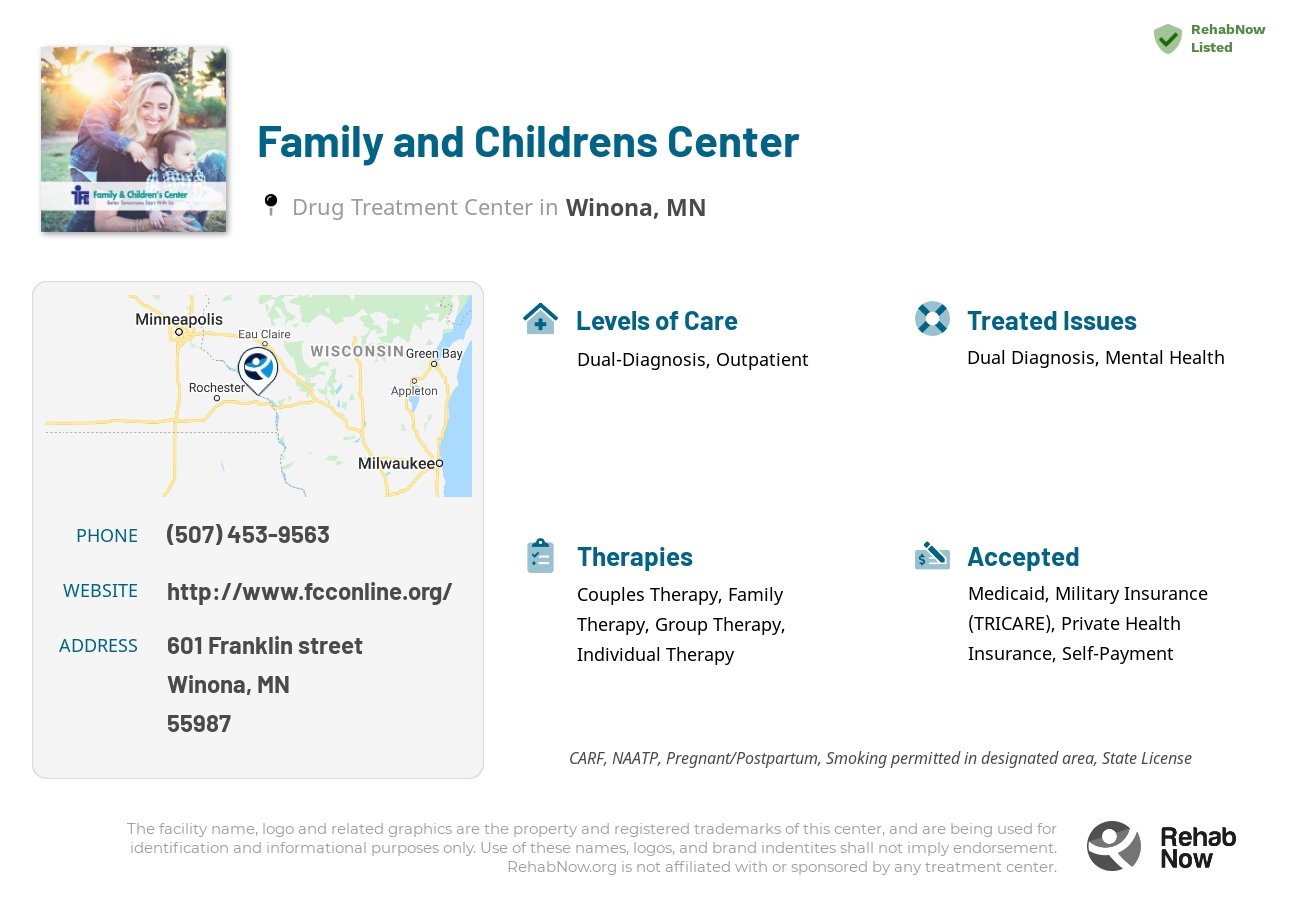 Helpful reference information for Family and Childrens Center, a drug treatment center in Minnesota located at: 601 601 Franklin street, Winona, MN 55987, including phone numbers, official website, and more. Listed briefly is an overview of Levels of Care, Therapies Offered, Issues Treated, and accepted forms of Payment Methods.