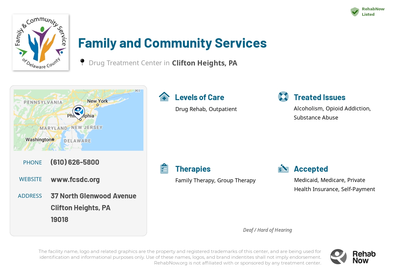 Helpful reference information for Family and Community Services, a drug treatment center in Pennsylvania located at: 37 North Glenwood Avenue, Clifton Heights, PA, 19018, including phone numbers, official website, and more. Listed briefly is an overview of Levels of Care, Therapies Offered, Issues Treated, and accepted forms of Payment Methods.