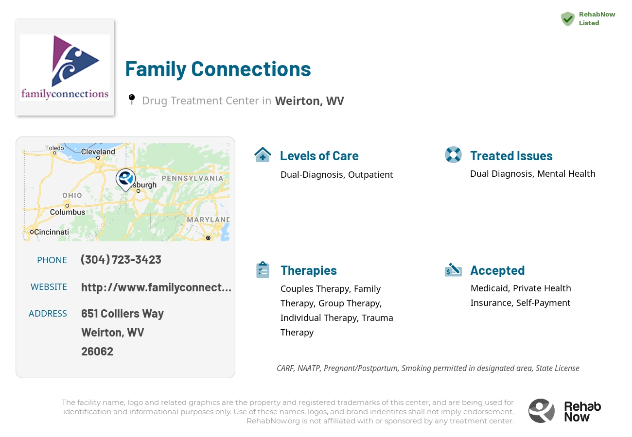 Helpful reference information for Family Connections, a drug treatment center in West Virginia located at: 651 Colliers Way, Weirton, WV 26062, including phone numbers, official website, and more. Listed briefly is an overview of Levels of Care, Therapies Offered, Issues Treated, and accepted forms of Payment Methods.