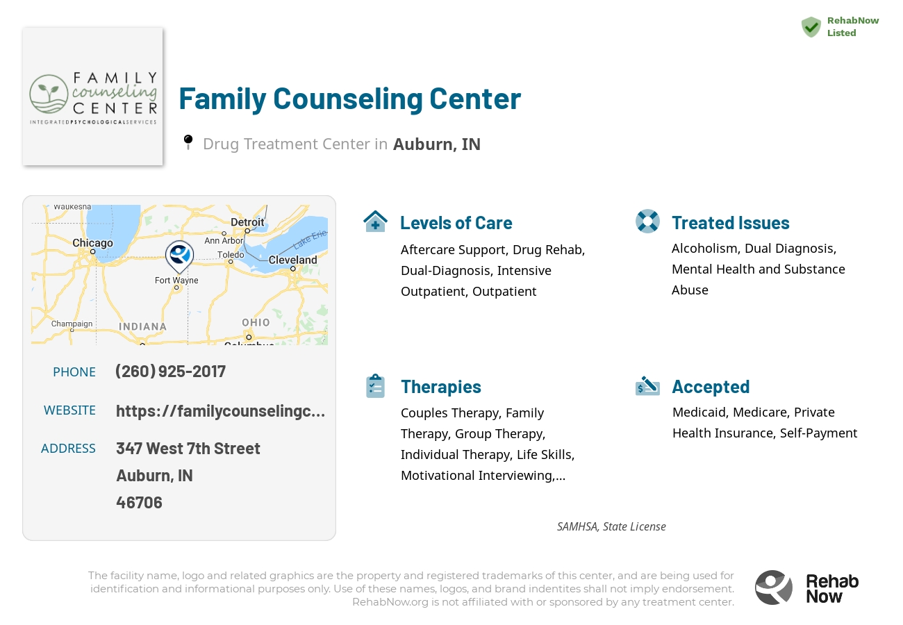 Helpful reference information for Family Counseling Center, a drug treatment center in Indiana located at: 347 West 7th Street, Auburn, IN, 46706, including phone numbers, official website, and more. Listed briefly is an overview of Levels of Care, Therapies Offered, Issues Treated, and accepted forms of Payment Methods.