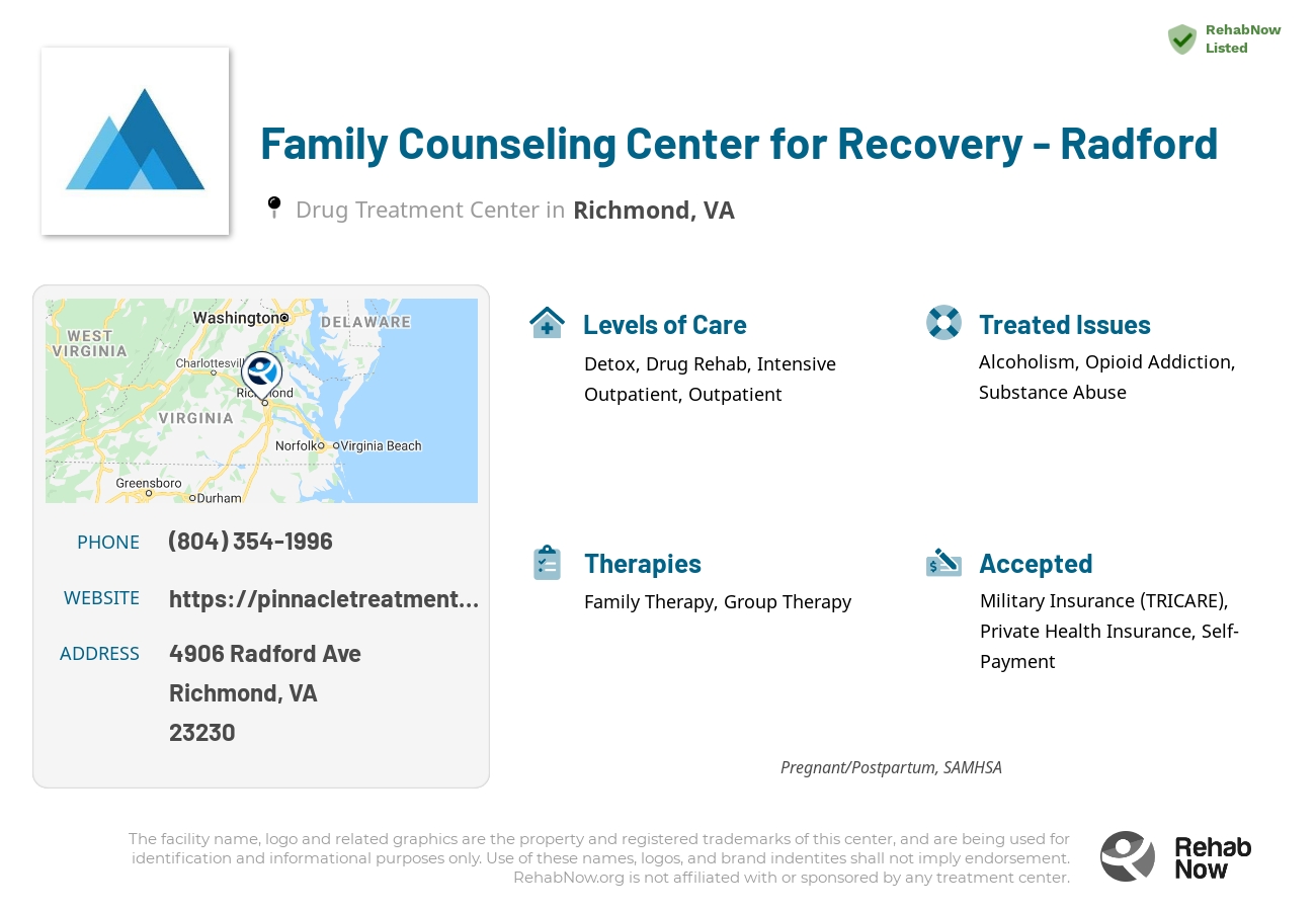 Helpful reference information for Family Counseling Center for Recovery - Radford, a drug treatment center in Virginia located at: 4906 Radford Ave, Richmond, VA 23230, including phone numbers, official website, and more. Listed briefly is an overview of Levels of Care, Therapies Offered, Issues Treated, and accepted forms of Payment Methods.