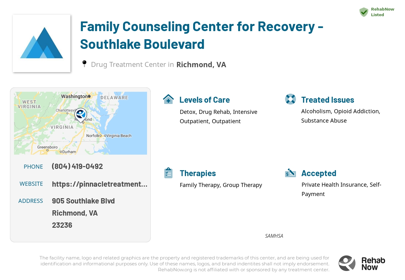 Helpful reference information for Family Counseling Center for Recovery - Southlake Boulevard, a drug treatment center in Virginia located at: 905 Southlake Blvd, Richmond, VA 23236, including phone numbers, official website, and more. Listed briefly is an overview of Levels of Care, Therapies Offered, Issues Treated, and accepted forms of Payment Methods.