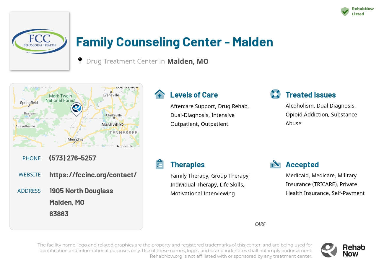 Helpful reference information for Family Counseling Center - Malden, a drug treatment center in Missouri located at: 1905 1905 North Douglass, Malden, MO 63863, including phone numbers, official website, and more. Listed briefly is an overview of Levels of Care, Therapies Offered, Issues Treated, and accepted forms of Payment Methods.