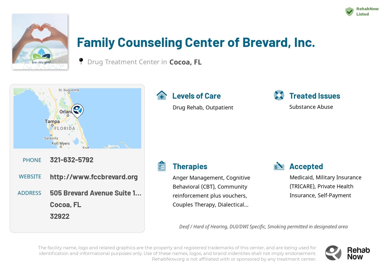 Helpful reference information for Family Counseling Center of Brevard, Inc., a drug treatment center in Florida located at: 505 Brevard Avenue Suite 106, Cocoa, FL 32922, including phone numbers, official website, and more. Listed briefly is an overview of Levels of Care, Therapies Offered, Issues Treated, and accepted forms of Payment Methods.