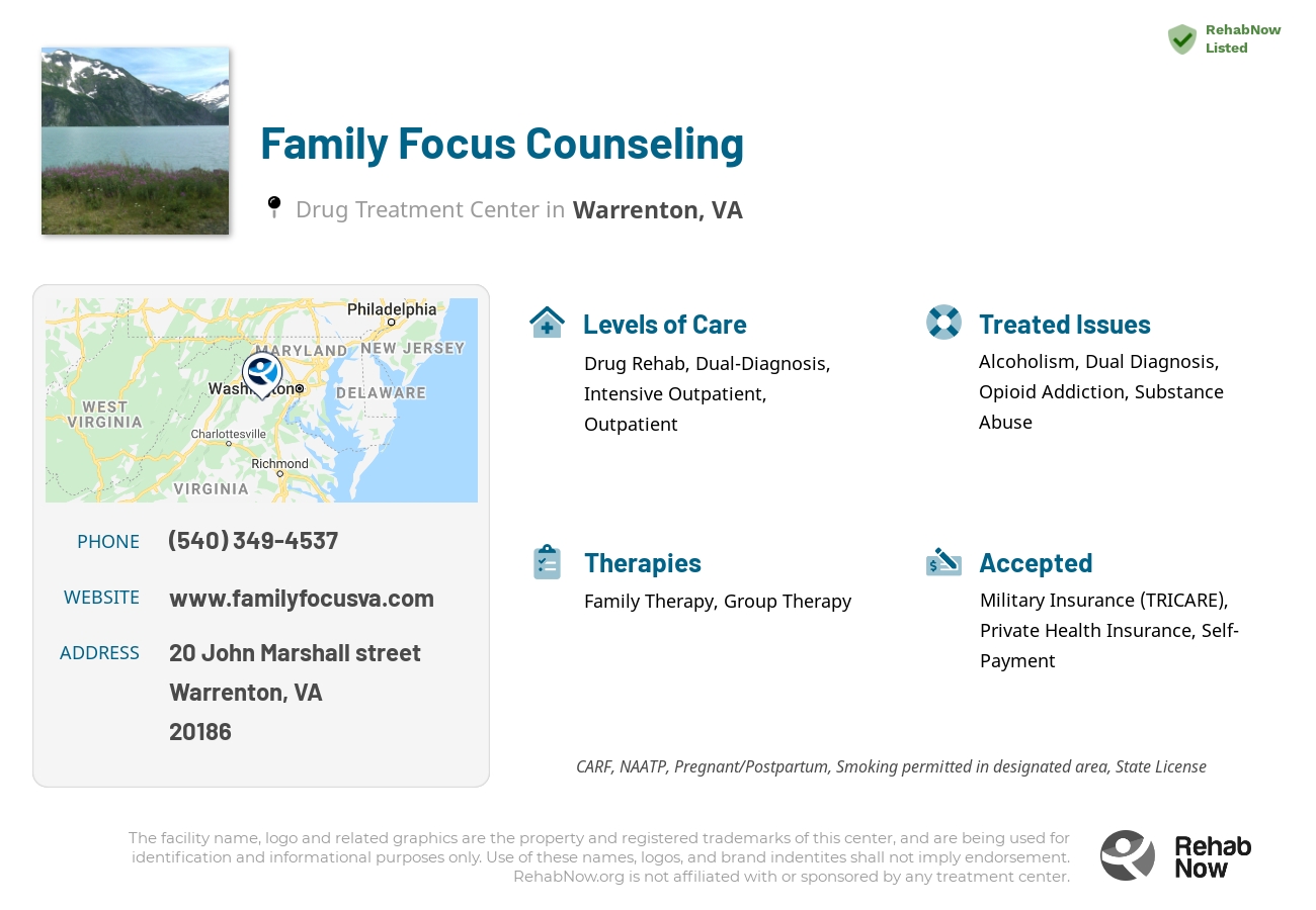 Helpful reference information for Family Focus Counseling, a drug treatment center in Virginia located at: 20 John Marshall street, Warrenton, VA, 20186, including phone numbers, official website, and more. Listed briefly is an overview of Levels of Care, Therapies Offered, Issues Treated, and accepted forms of Payment Methods.